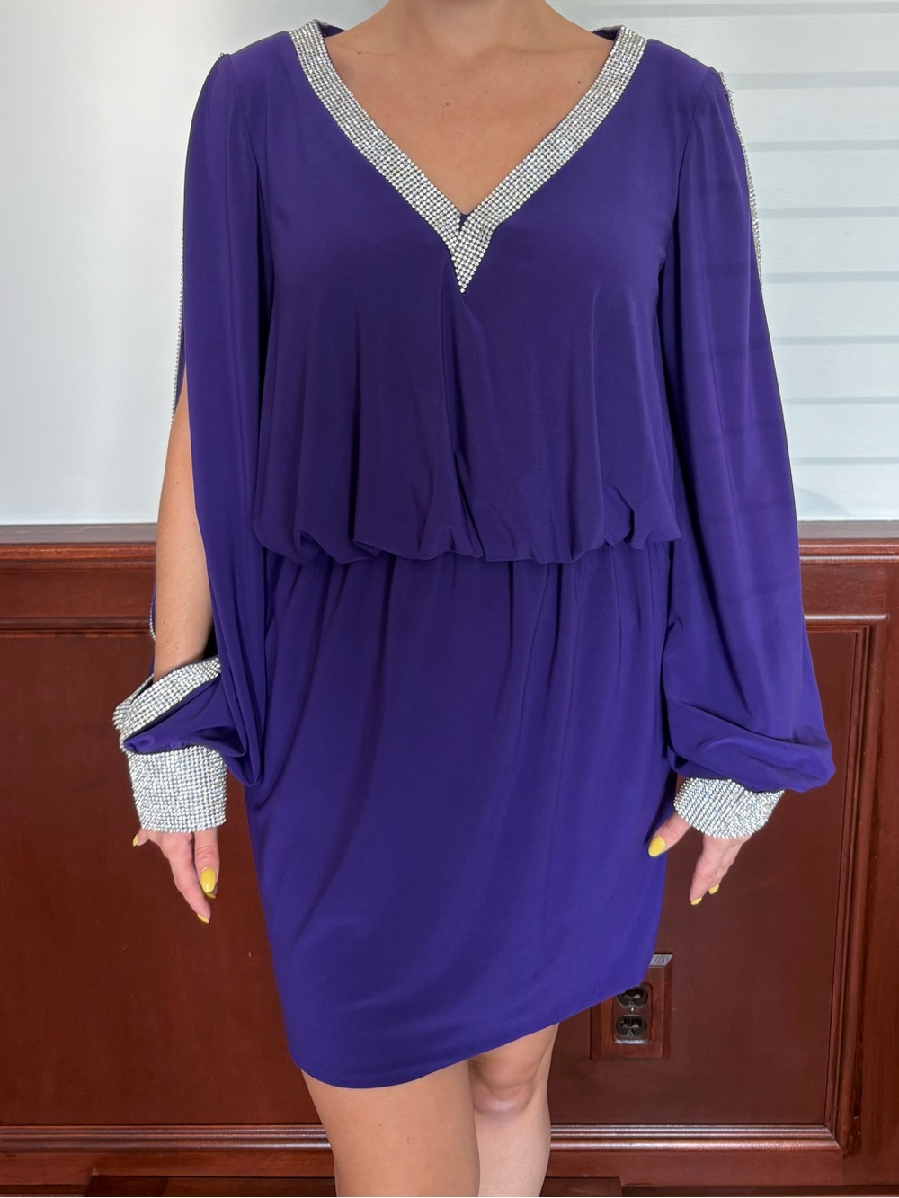 Rhinestone-Trim Purple V-Neck Mini Dress